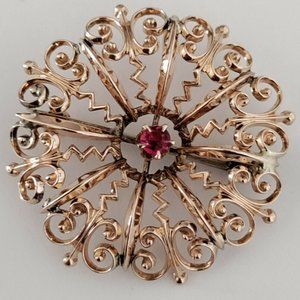 Vintage 10k Yellow Gold Natural Garnet 1.06" Round filigree Brooch or Pendant